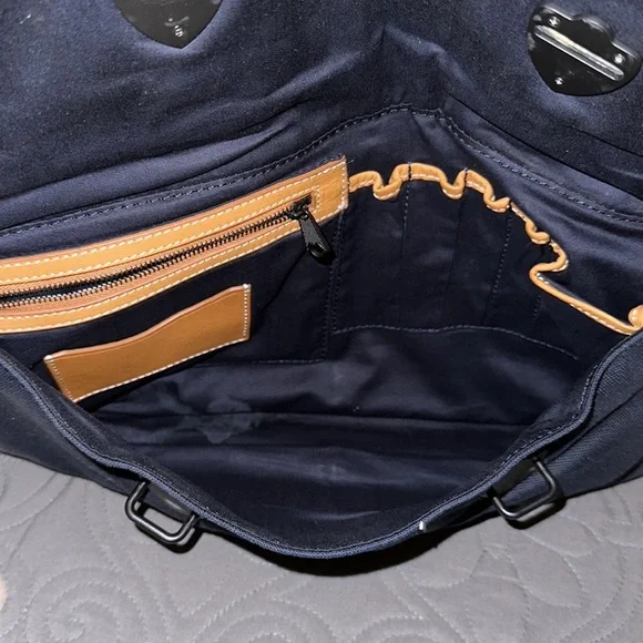 Ben Minkoff Navy Blue Waxed Canvas & Vachetta Leather Trim Laptop Bag EUC